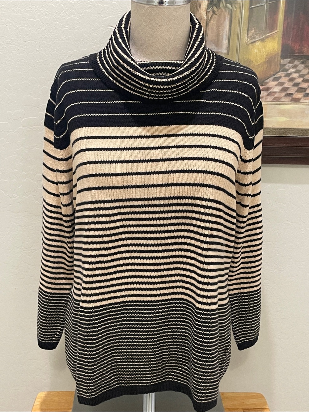 Vintage Rena Rowan Striped Turtleneck Sweater - Black & Tan